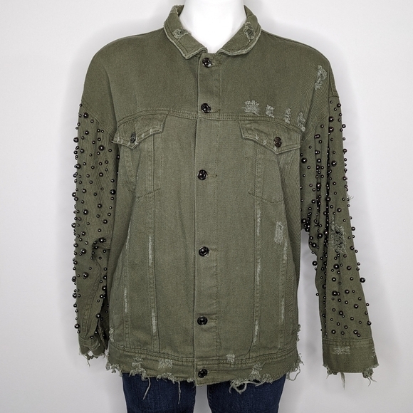 Sunset + Spring green denim grey bead boho oversized jean jacket L - Picture 1 of 5